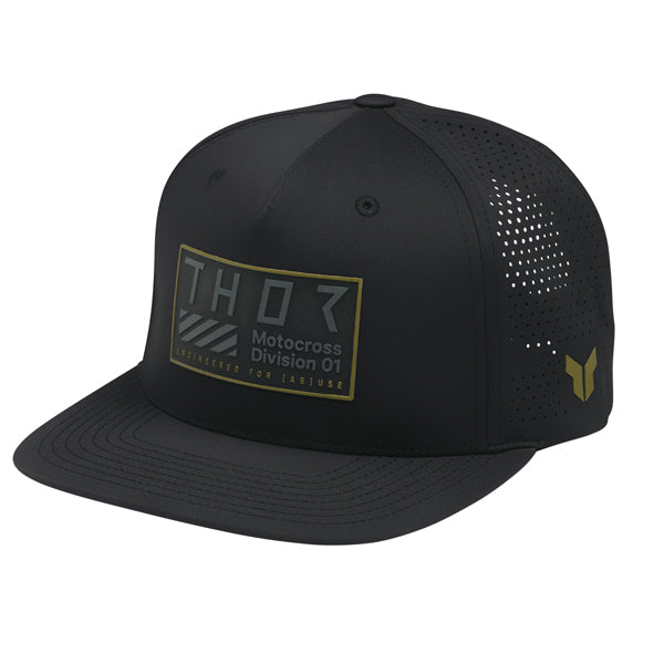 The Thor Stamp Hat Sku 25014458 in Black with design on Front of hat on a white background