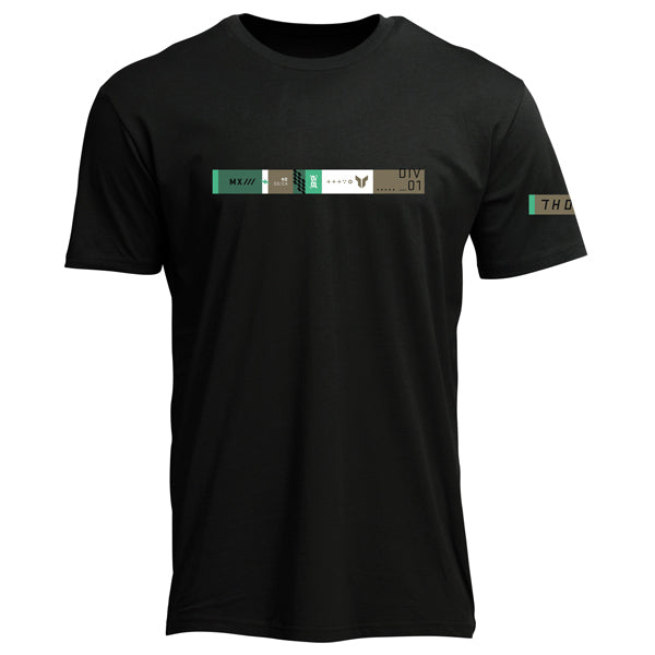High-resolution studio image of Thor Tangent Tee; showing tee fit, printed graphics, and crew neckline; SKU 3030250; Colors: Black; Sizes: S-2XL