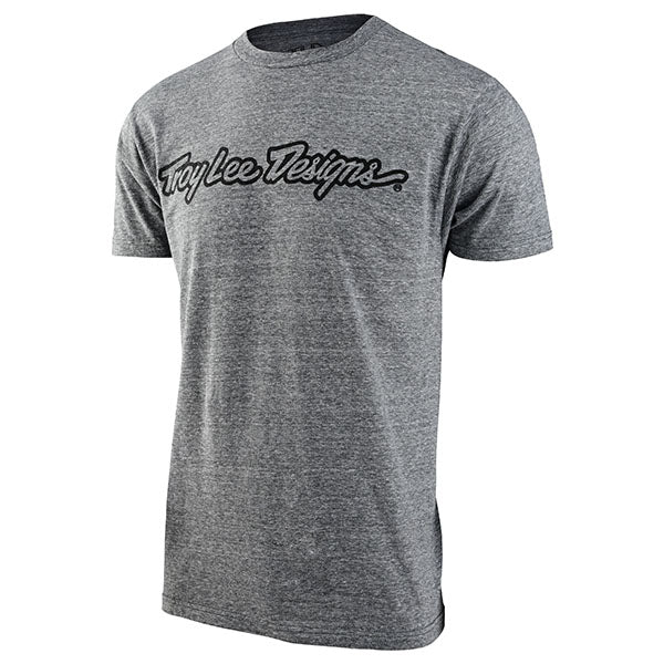 Studio photo on a white background of Troy Lee Designs Signature Tee; showing tee fit, printed graphics, and crew neckline; SKU 7019170; Sizes: S-2XL