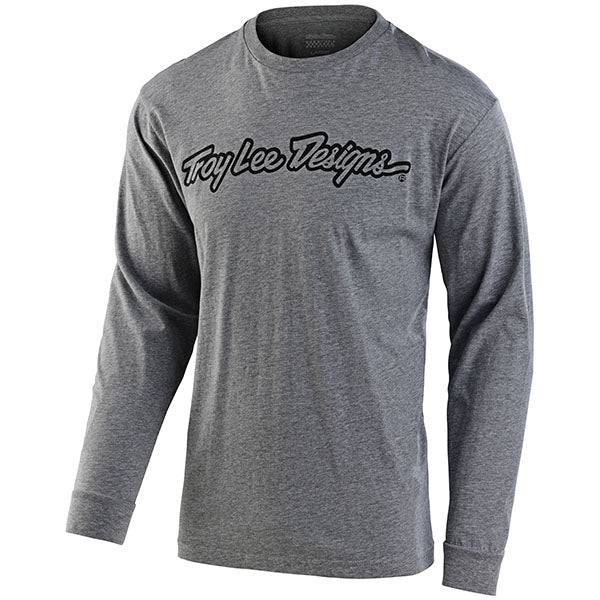 Professional studio photo of Troy Lee Designs Signature Long Sleeve Tee; showing long-sleeve cut, printed graphics, and crew neckline; SKU 7299170
