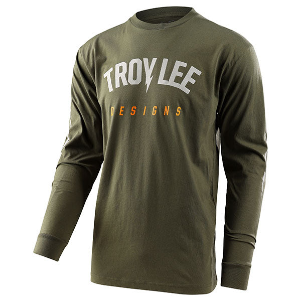 Professional studio photo of Troy Lee Designs Bolt Long Sleeve Tee; showing long-sleeve cut, printed graphics, and crew neckline; SKU 7291900