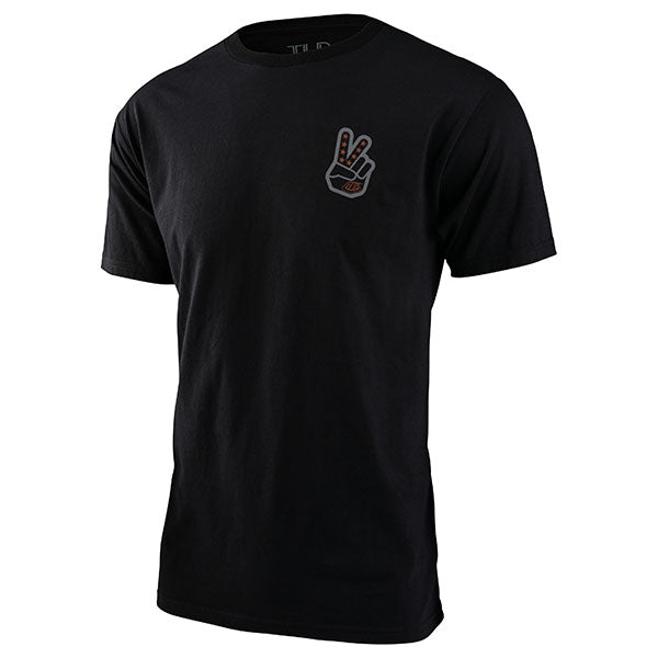 Professional studio photo of Troy Lee Designs Peace Out Tee; showing tee fit, printed graphics, and crew neckline; SKU 7015730; Sizes: BLACK, WHITE