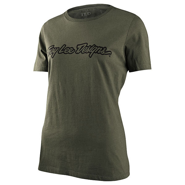 Crisp studio image on a white background of Troy Lee Designs Signature Tee (Womens); showing tee fit, printed graphics, and crew neckline; SKU 7539170