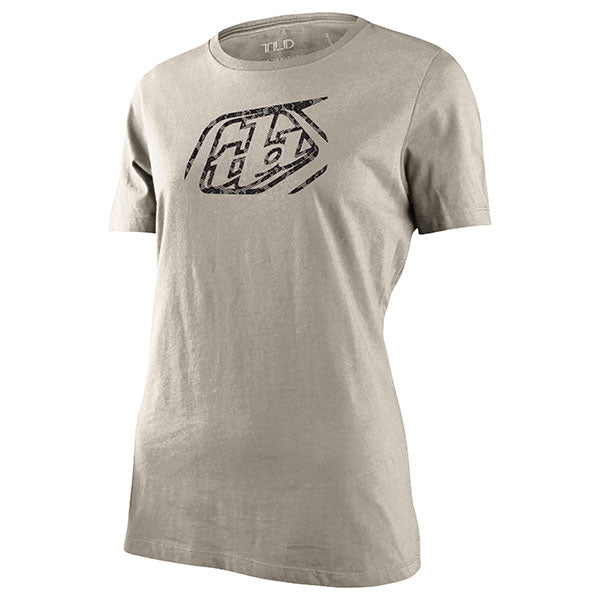 Studio photo on a white background of Troy Lee Designs Cropped Badge Tee (Womens); showing tee fit, printed graphics, and crew neckline; SKU 7531170