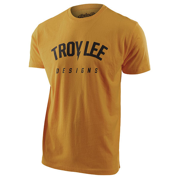 Professional studio photo of Troy Lee Designs Bolt Tee; showing tee fit, printed graphics, and crew neckline; SKU 7011900; Sizes: S-2XL