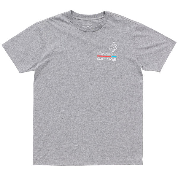 Studio photo on a white background of Troy Lee Designs TLD GasGas Team Core Short Sleeve Tee; showing tee fit, printed graphics, and crew neckline