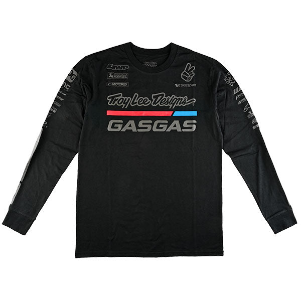 Clean studio shot of Troy Lee Designs TLD GasGas Team Long Sleeve Tee; showing long-sleeve cut, printed graphics, and crew neckline; SKU 7290140