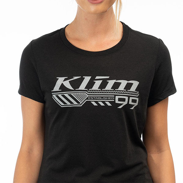 Studio photo on a white background of Klim Foundation Tri-Blend Tee (Womens); showing tee fit, printed graphics, and crew neckline; SKU 3567-000-110-277