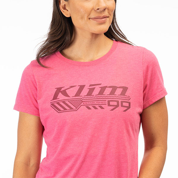 Professional studio photo of Klim Foundation Tri-Blend Tee (Womens); showing tee fit, printed graphics, and crew neckline; SKU 3567-000-110-277