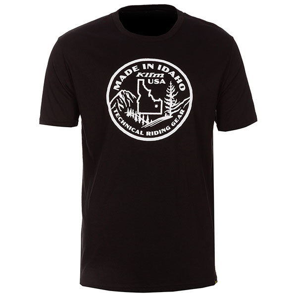 Professional studio photo of Klim Made In Idaho T-Shirt; showing tee fit, printed graphics, and crew neckline; SKU 3704-000-120-080; Sizes: S-3XL