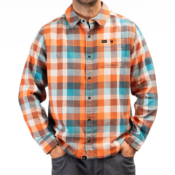 Professional studio photo of Klim Alderson Midweight Flannel Shirt; showing flannel shirt fit, button front, and plaid pattern; SKU 3636-000-120-402