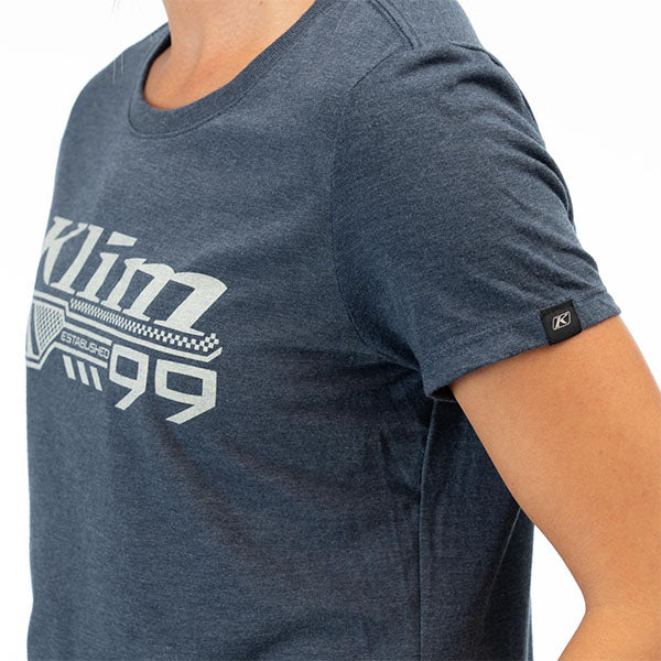 High-resolution studio image of Klim Foundation Tri-Blend Tee (Womens); showing tee fit, printed graphics, and crew neckline; SKU 3567-000-110-277