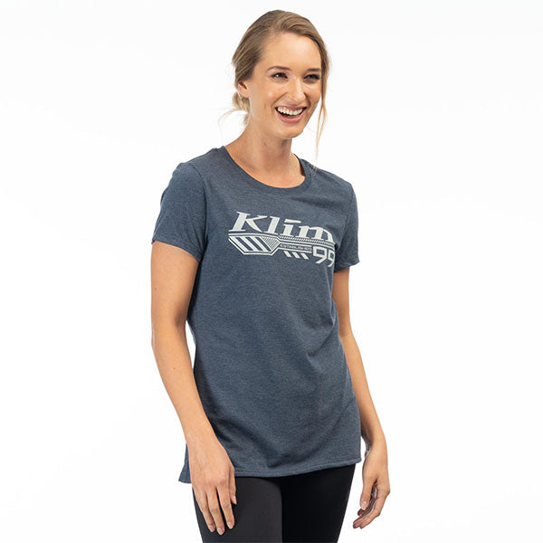 Professional studio photo of Klim Foundation Tri-Blend Tee (Womens); showing tee fit, printed graphics, and crew neckline; SKU 3567-000-110-277