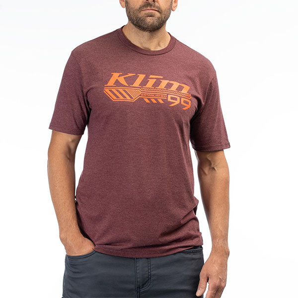 Crisp studio image on a white background of Klim Foundation Tri-Blend Tee; showing tee fit, printed graphics, and crew neckline; SKU 3690-000-120-134