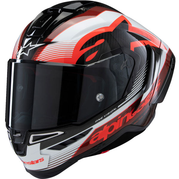 Alpinestars - Supertech R10 Team HelmetBlack/Carbon Red/Gloss White product view, lightweight off‑road motorcycle helmet with ventilation and impact protecti