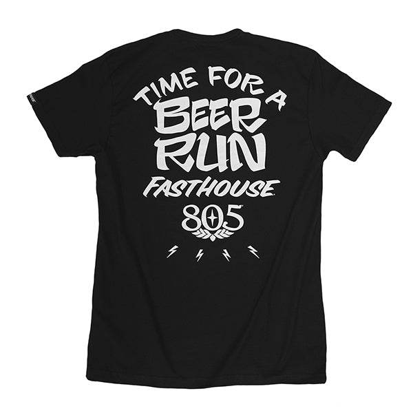 Clean studio shot of Fasthouse 805 Beer Run; showing tee fit, printed graphics, and crew neckline; SKU 32166900; Colors: Black; Sizes: S-3XL