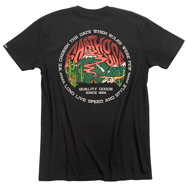 Crisp studio image on a white background of Fasthouse Nomad Tee; showing tee fit, printed graphics, and crew neckline; SKU 3211520004; Sizes: S-3XL
