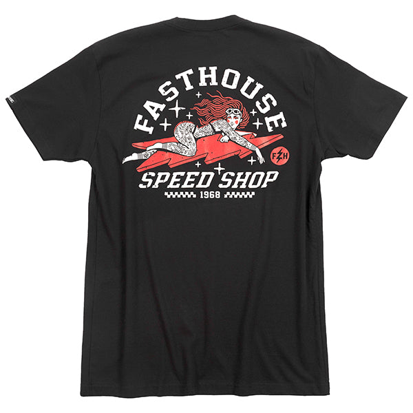 Professional studio photo of Fasthouse Eleanor Tee; showing tee fit, printed graphics, and crew neckline; SKU 3211540004; Colors: Black, Green