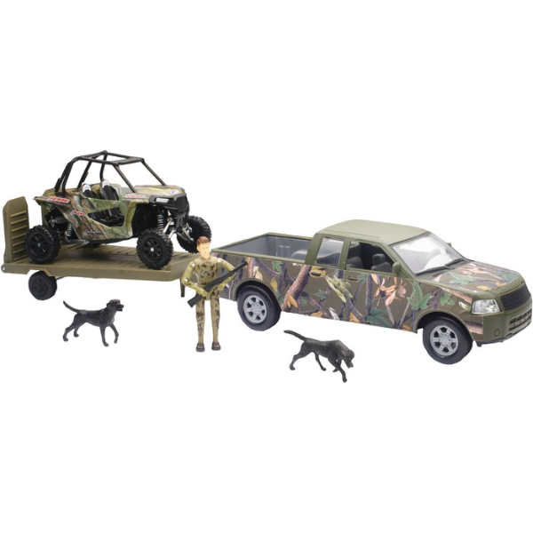 Product image | New Ray Toys - Camo Pick-Up Truck & Trailer with Polaris RZR 1000XP 1:18 Scale | SKU: 959-0126 detailed die-cast toy model for collectors and kids | Available at BTO Sports