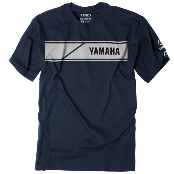High-resolution studio image of Factory Effex Yamaha Speed Block T-Shirt; showing tee fit, printed graphics, and crew neckline; SKU 22-872; Colors: Navy