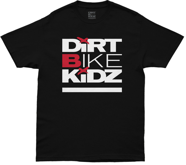 Clean studio shot of Dirt Bike Kidz Classic Tee; showing tee fit, printed graphics, and crew neckline; SKU 325-00003S; Colors: Black/white; Sizes: S-2XL
