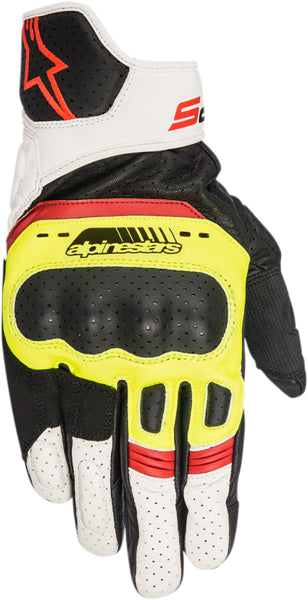 Product image of Alpinestars 18 sp5 leather glove black yellow white red motocross gloves showing fit, construction, and colorway | Available at BTO Sports