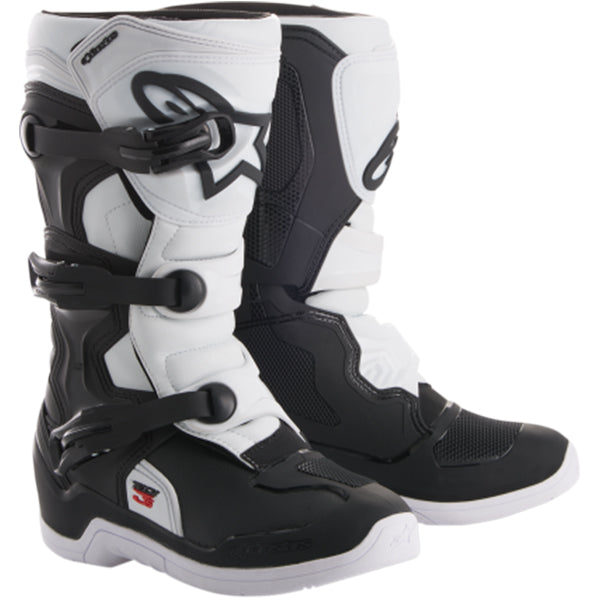 Product image of alpinestars 2018 tech 3s boot youth black white a168747f 6b5e 4355 8ed1 fe029112e8c1 motocross boots showing design and colorway | Available at BTO Sports