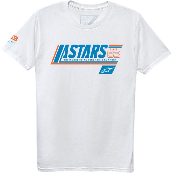 Clean studio shot of Alpinestars Cypher T-Shirt; showing tee fit, printed graphics, and crew neckline; SKU 3030195; Colors: White; Sizes: M-2XL