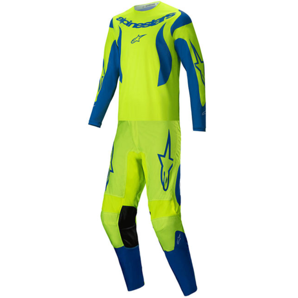 Alpinestars Fluid Haul motocross jersey and pants combo in neon yellow-green and blue, front view