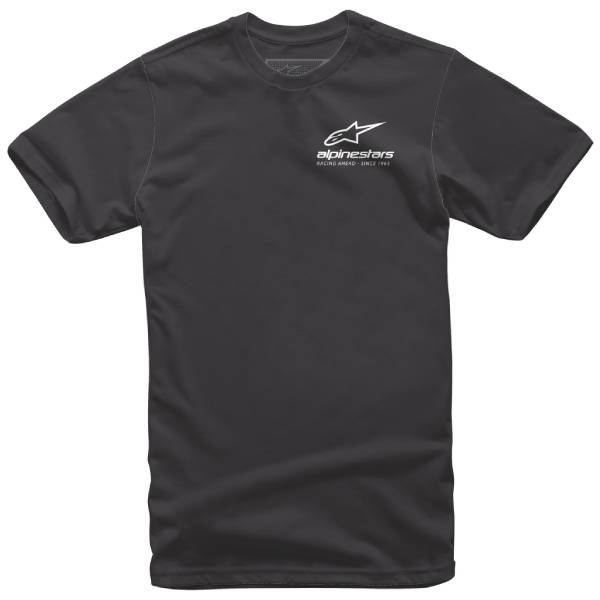 High-resolution studio image of Alpinestars Corporate Tee; showing tee fit, printed graphics, and crew neckline; SKU 303020957; Colors: BLACK, WHITE