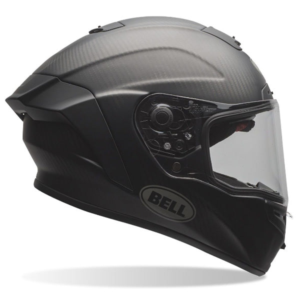Bell Helmets Bell - Race Star Flex DLX Helmet motorcycle helmet, angled view, showing aerodynamic shell design, ventilation ports, and secure retention system built for rider comfort and protection. SKU 07108091.