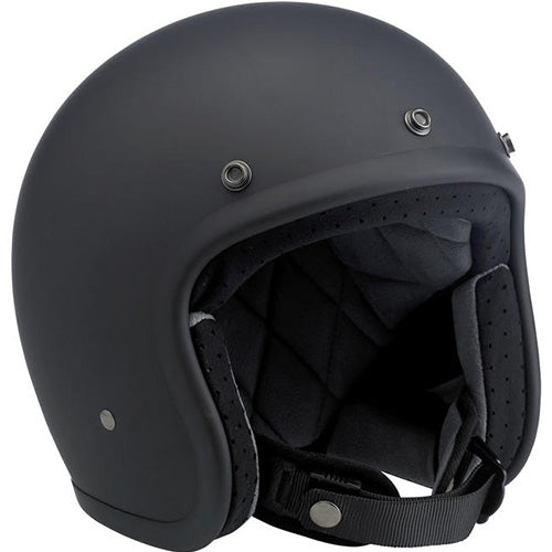 Biltwell Bonanza Solid Helmet, open-face motorcycle helmet, white, Bonanza Solid Helmet, showing smooth shell profile, ventilation ports, and padded chin strap for rider comfort. SKU '01041508.