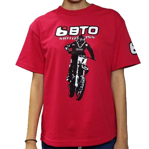 Studio photo on a white background of BTO Sports Throttle Tee (Youth); showing tee fit, printed graphics, and crew neckline; SKU BTO-THROTTLE-RD-YXL