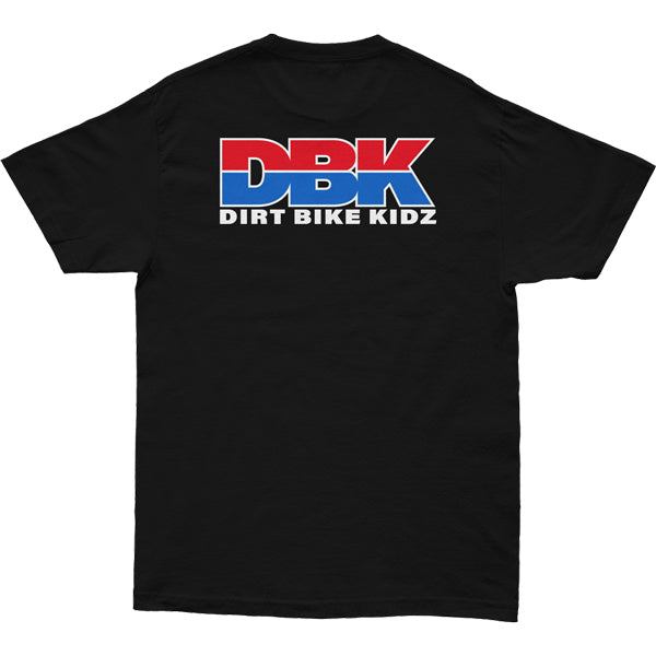 High-resolution studio image of Dirt Bike Kidz Ride DBK Tee; showing tee fit, printed graphics, and crew neckline; SKU 325-00050S; Colors: Black
