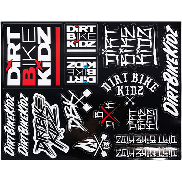 studio product photo of Dirt Bike Kidz dirt bike kidz slap pack sticker sheet in Black for dirt bike, motocross, off-road. SKU 325-00075
