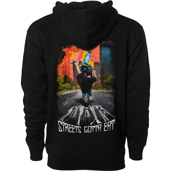 studio product photo of Dirt Bike Kidz dirt bike kidz streets gotta eat hoodie in Black, size SM for dirt bike, motocross, off-road. SKU 325-00044S