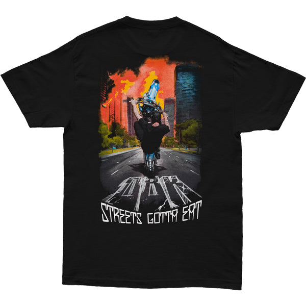 Professional studio photo of Dirt Bike Kidz Streets Gotta Eat Tee; showing tee fit, printed graphics, and crew neckline; SKU 325-00043S; Colors: Black