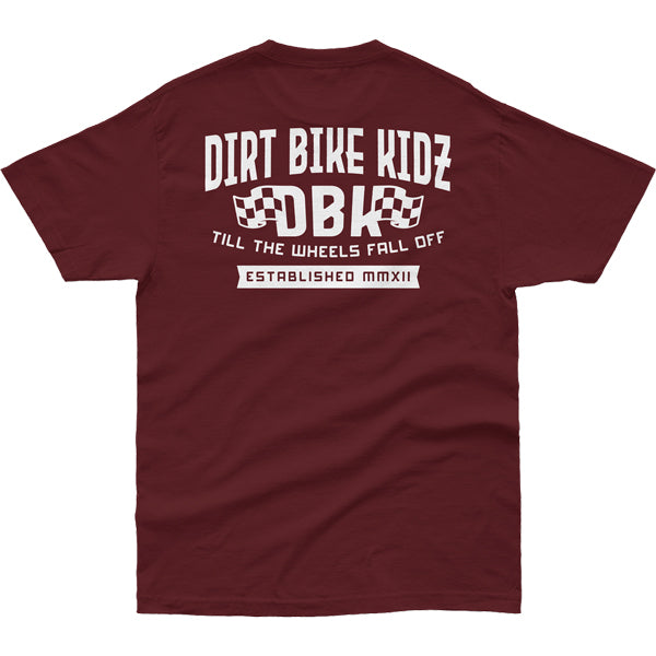 Clean studio shot of Dirt Bike Kidz Til The End Tee; showing tee fit, printed graphics, and crew neckline; SKU 325-00046S; Colors: Burgundy; Sizes: S-2XL