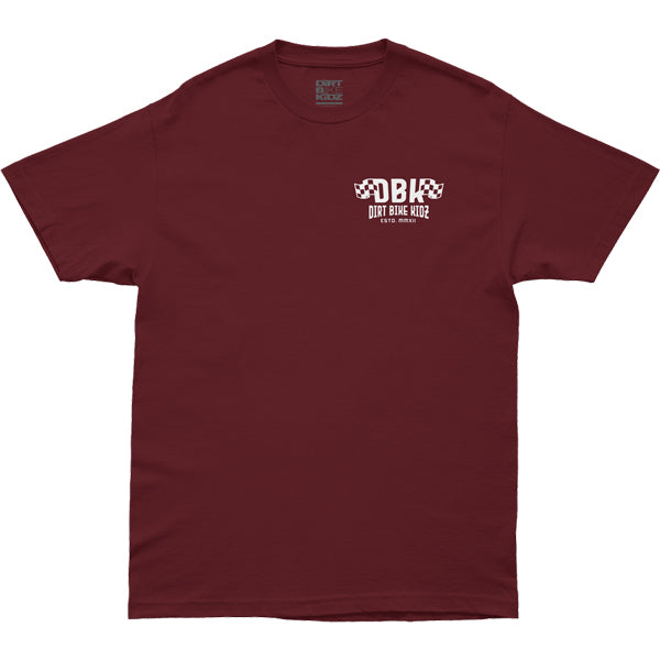 Professional studio photo of Dirt Bike Kidz Til The End Tee; showing tee fit, printed graphics, and crew neckline; SKU 325-00046S; Colors: Burgundy