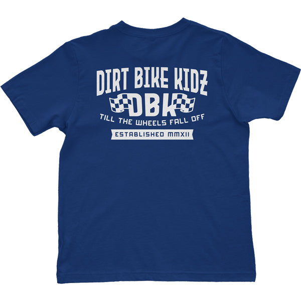 Clean studio shot of Dirt Bike Kidz Til The End Tee (Youth); showing tee fit, printed graphics, and crew neckline; SKU 325-00046; Colors: Royal Blue
