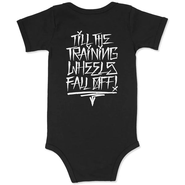 studio product photo of Dirt Bike Kidz dirt bike kidz training wheels onesie infant in Black, size NB for dirt bike, motocross, off-road. SKU 325-00065