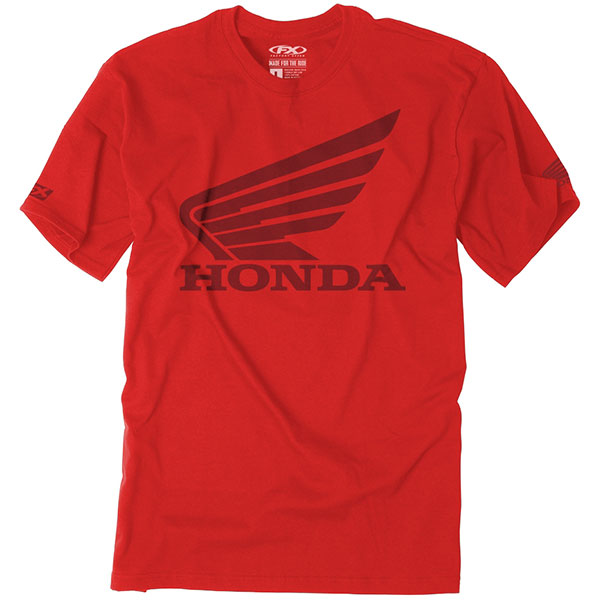 Professional studio photo of Factory Effex Honda Big Wing T-Shirt; showing tee fit, printed graphics, and crew neckline; SKU 21-87312; Sizes: RED, BLACK