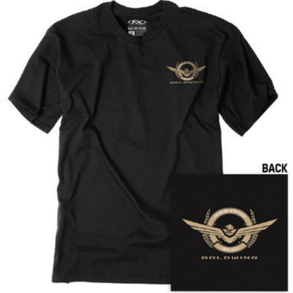 Clean studio shot of Factory Effex Goldwing Badge T-Shirt; showing tee fit, printed graphics, and crew neckline; SKU 25-878; Colors: BLACK; Sizes: M-2XL