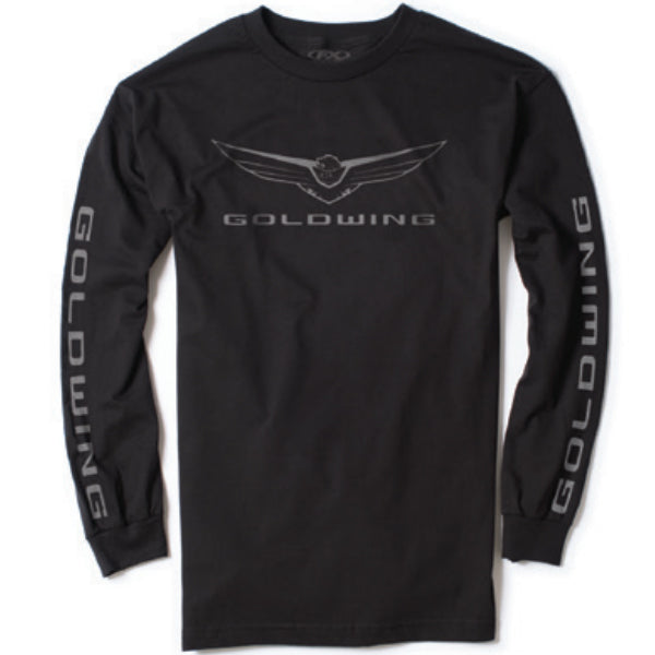 Professional studio photo of Factory Effex Goldwing Icon Long-Sleeve; showing tee fit, printed graphics, and crew neckline; SKU 25-878; Colors: Black