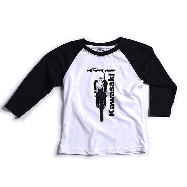 Professional studio photo of Factory Effex Kawasaki Bike Baseball Shirt (Youth); showing tee fit, printed graphics, and crew neckline; SKU 21-831