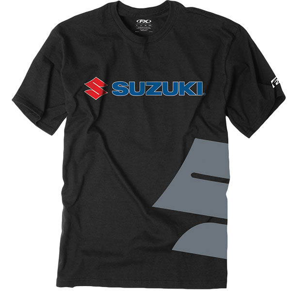 Studio photo on a white background of Factory Effex Suzuki Big S Tee; showing tee fit, printed graphics, and crew neckline; SKU 15-884; Colors: Black