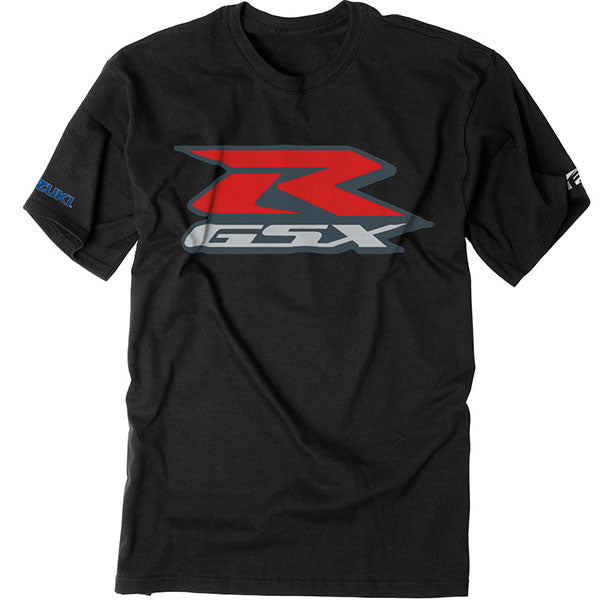 High-resolution studio image of Factory Effex Suzuki GSX-R Tee; showing tee fit, printed graphics, and crew neckline; SKU 15-884; Colors: 2XL, M, L, XL