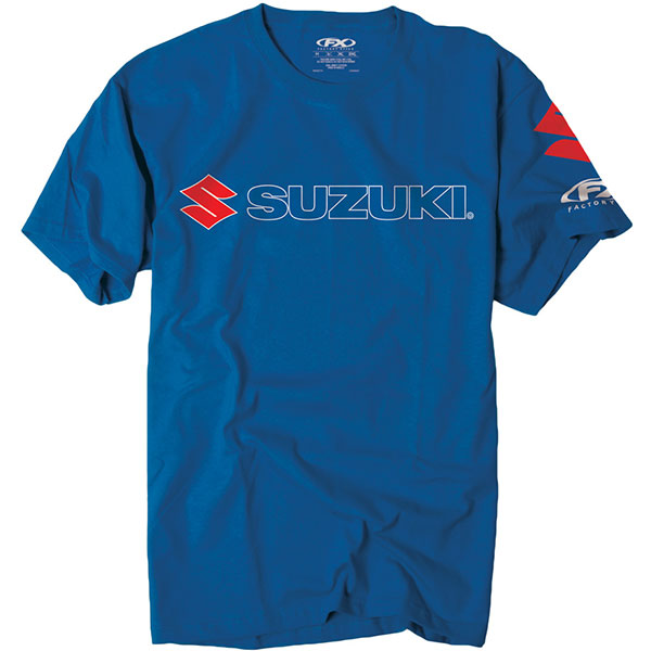 Professional studio photo of Factory Effex Suzuki Team Tee; showing tee fit, printed graphics, and crew neckline; SKU 15-884; Colors: MD, XL, LG, 2XL