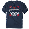 High-resolution studio image of Factory Effex Suzuki Design 1 Tee (Youth); showing tee fit, printed graphics, and crew neckline; SKU 19-834; Colors: Navy