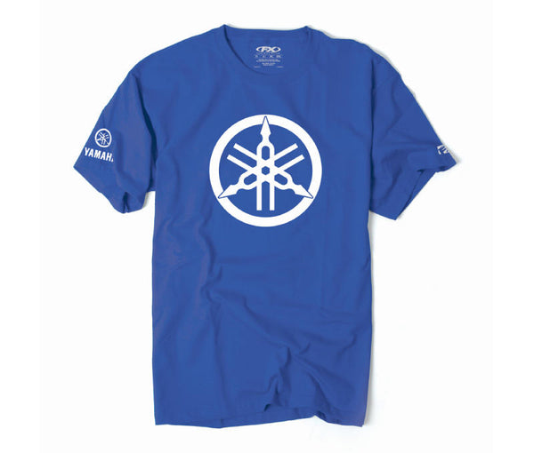 Crisp studio image on a white background of Factory Effex Yamaha 2D Tuning Fork T-Shirt; showing tee fit, printed graphics, and crew neckline; SKU 17-872